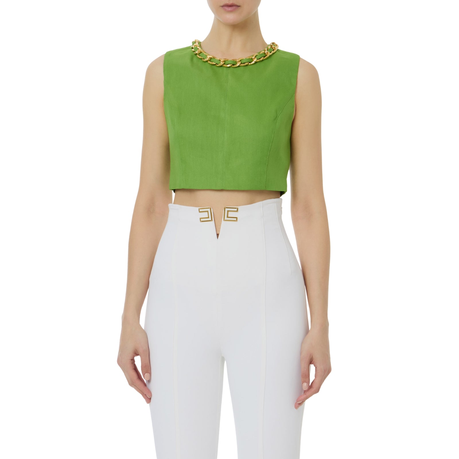 Top in misto lino con catena gioiello - VERDE