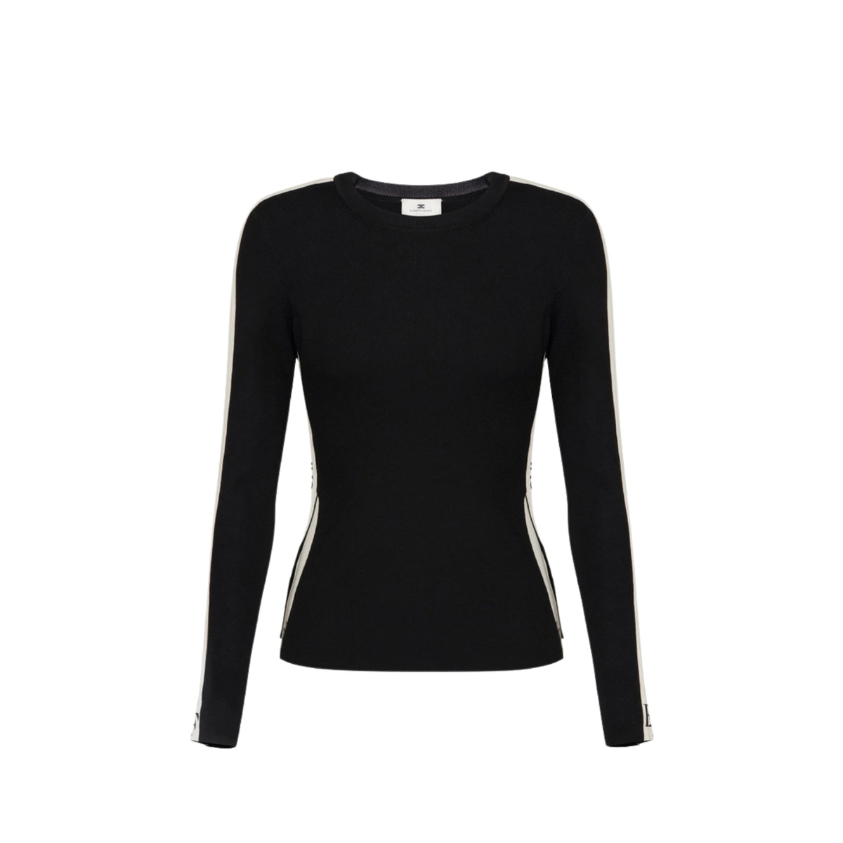Maglia girocollo con bande in viscosa lucida - Nero