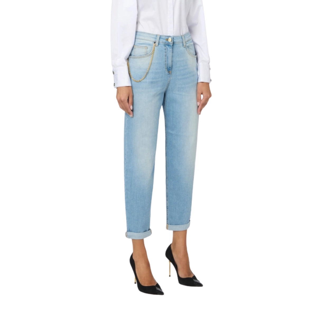 Jeans 5 tasche boyfriend con catena gioiello - Jeans