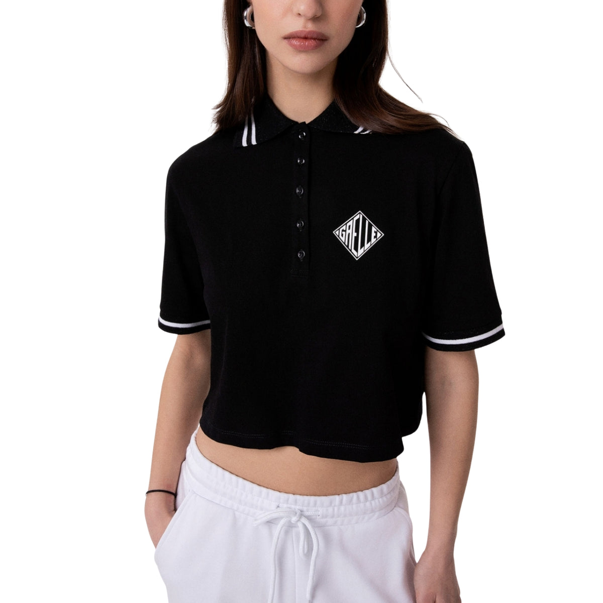 T-shirt crop con collo a polo - Nero