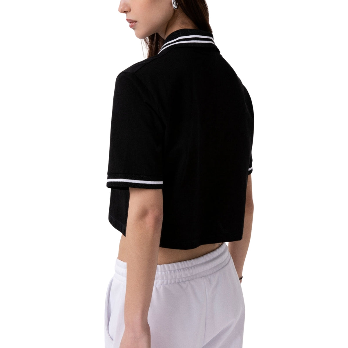 T-shirt crop con collo a polo - Nero