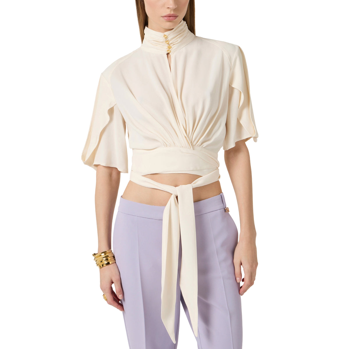 Blusa con volant e fusciacca drappeggiata - Burro
