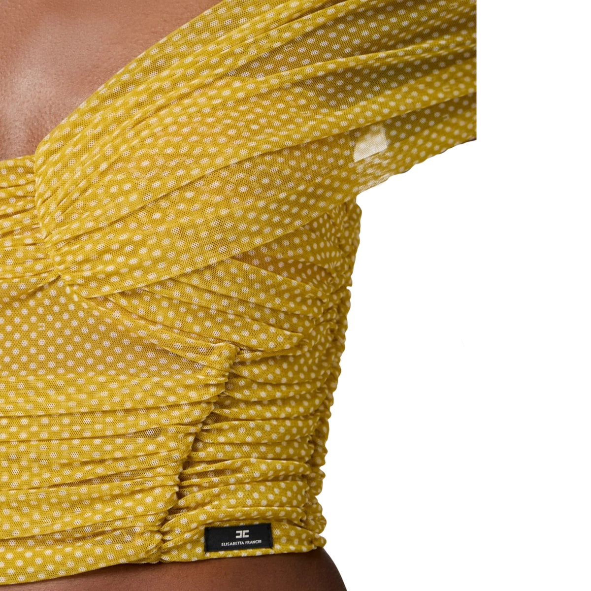 Top in tulle stampa pois con spalle scoperte - Curry