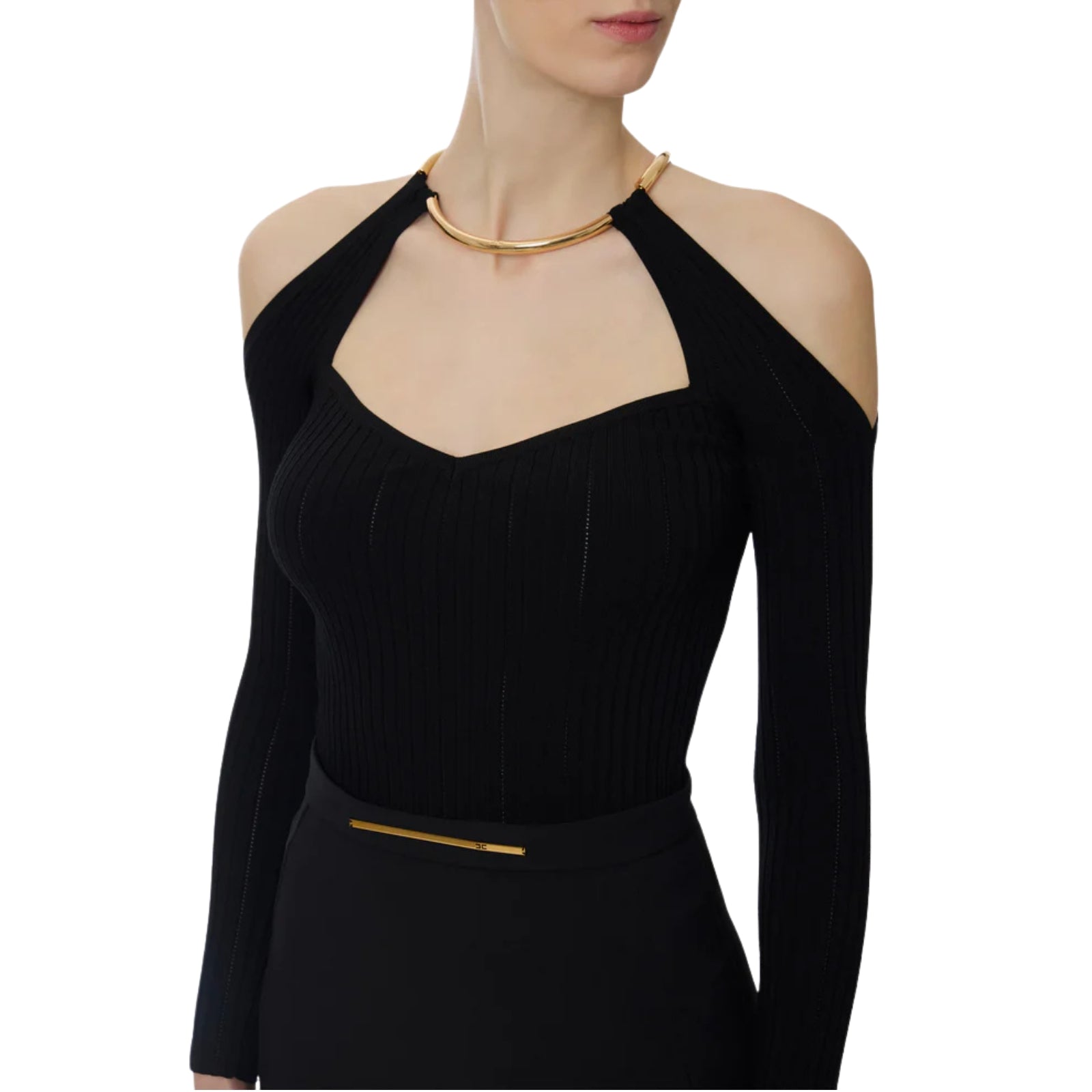Top in maglia con dettaglio gioiello - NERO