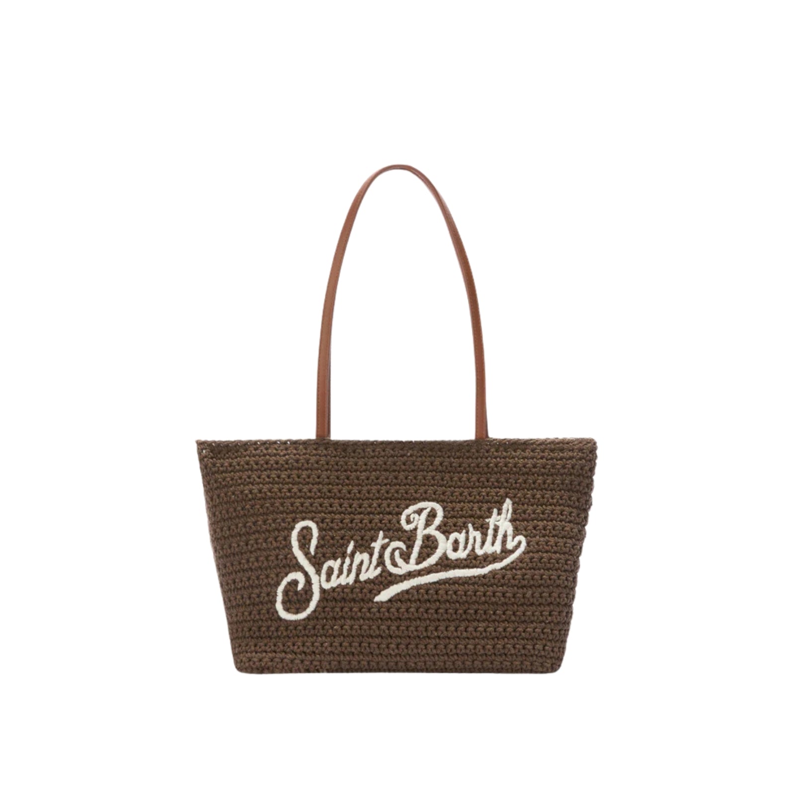 Borsa Tote Crochet medium marrone con logo ricamato