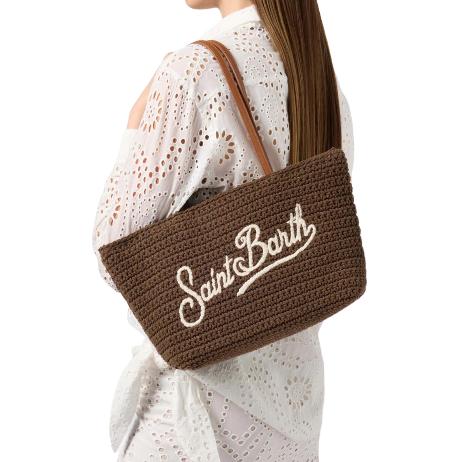 Borsa Tote Crochet medium marrone con logo ricamato