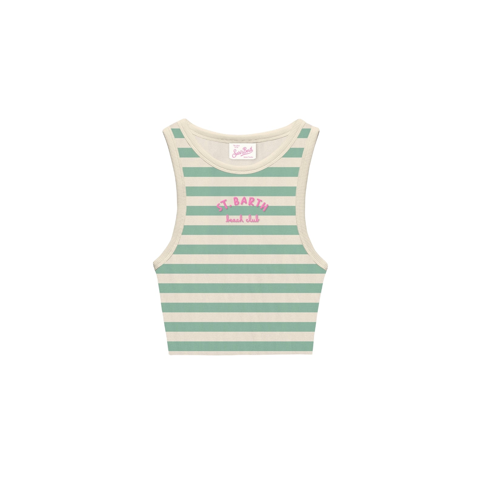Top corto Blue Jr in maglia a coste a righe verdi con ricamo KIDS