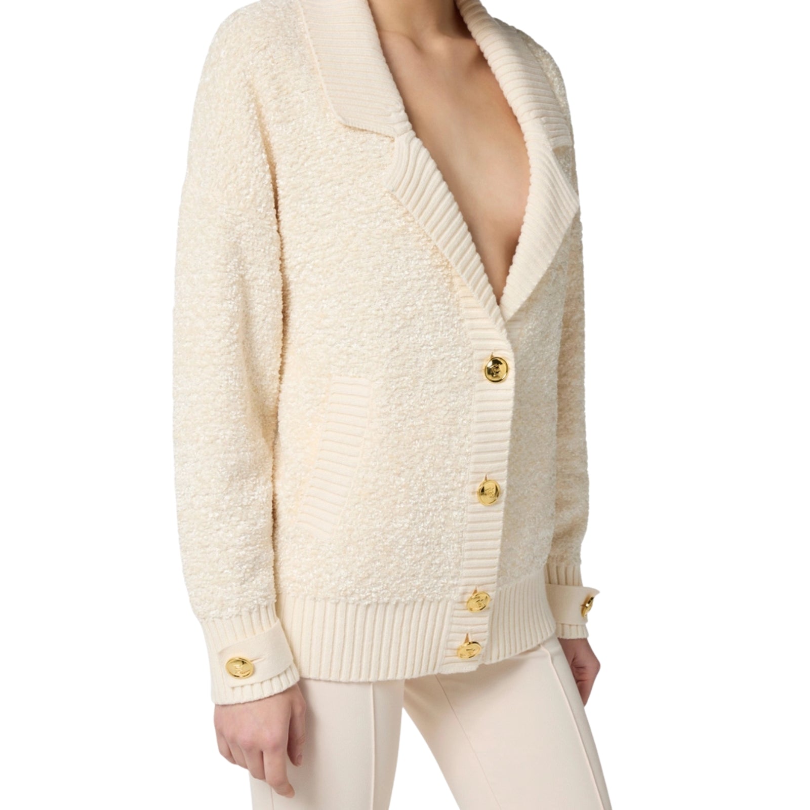 Cardigan in ciniglia bouclé con bottoni gioiello - LATTE
