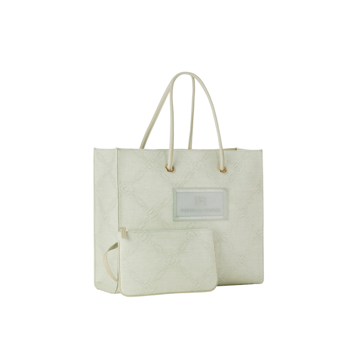 Borsa tote grande in rafia jacquard a losanghe - Avorio