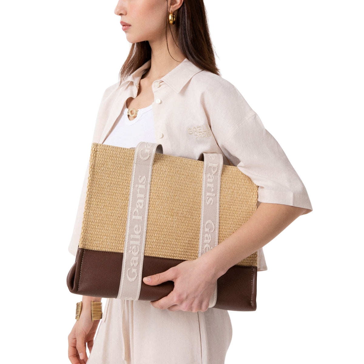 Maxi Shopper con manici jacquard - Beige