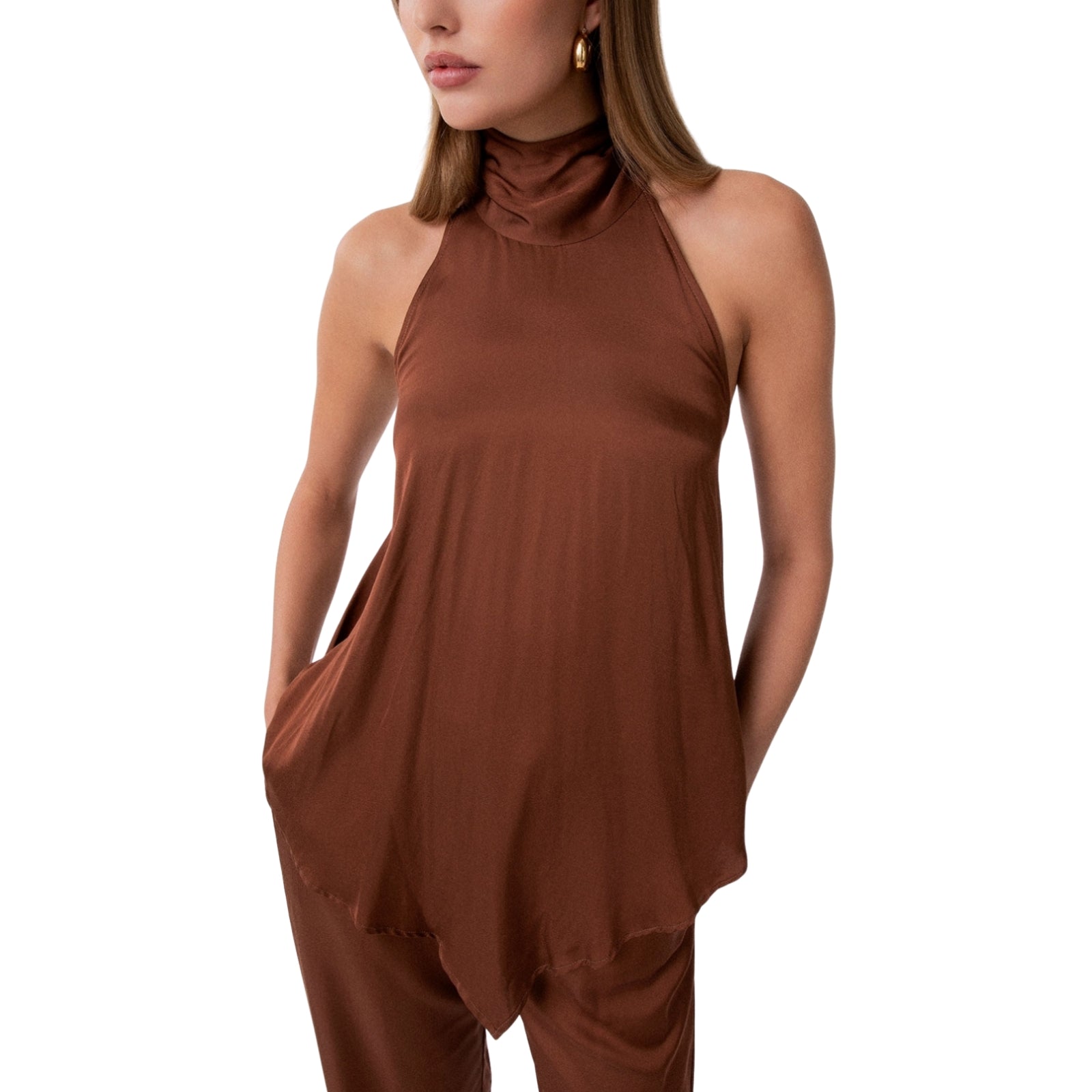 Top A Fazzoletto Collo Halter In Raso Moka