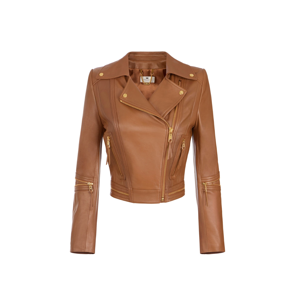 Giacca biker in pelle con zip dorate - Sigaro