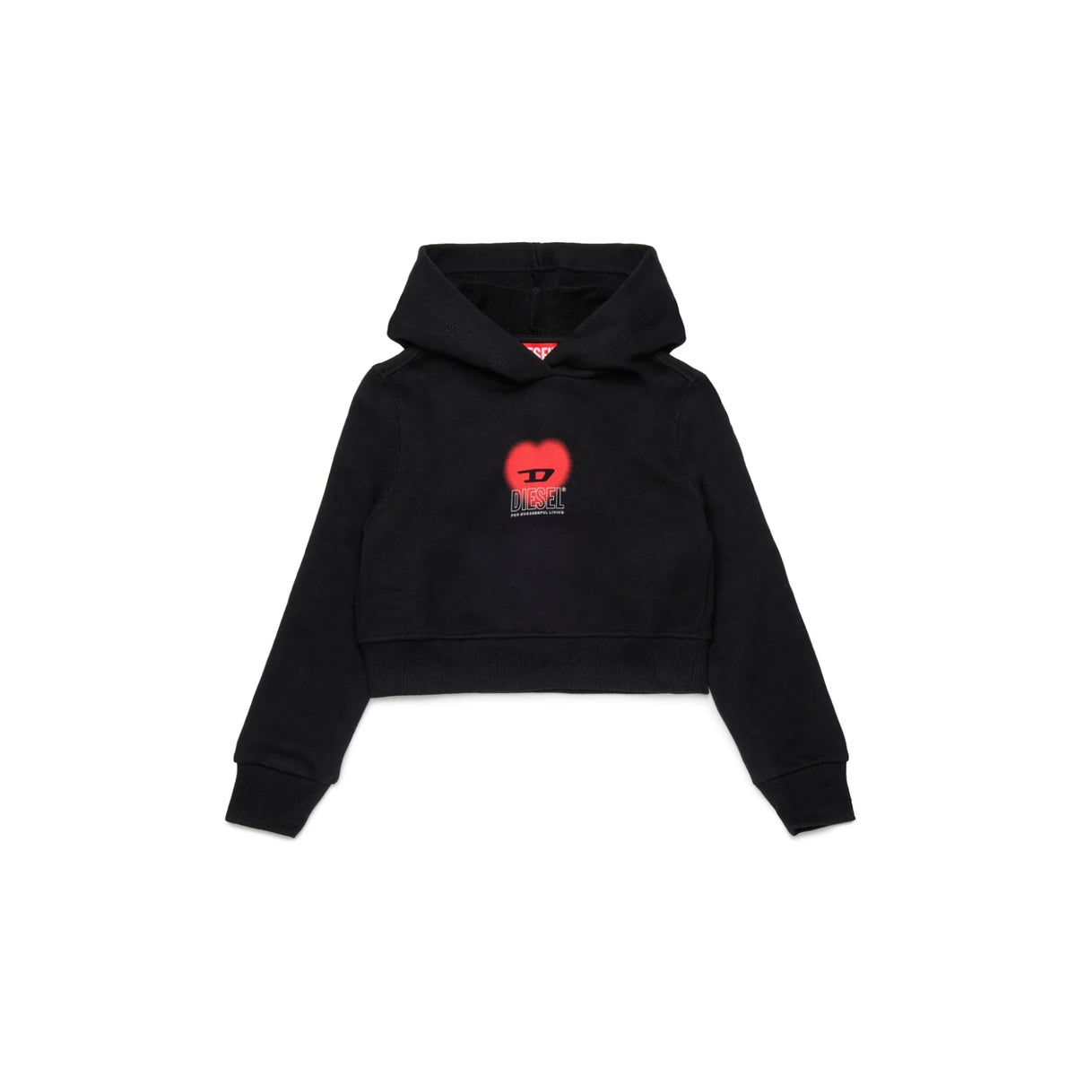 Felpa junior con cappuccio e grafica D sul cuore - Nero