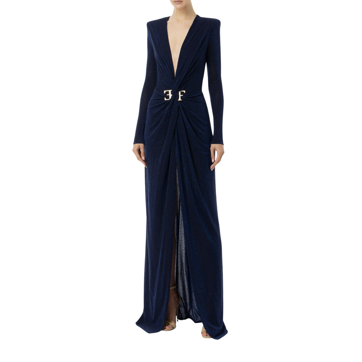 Abito red carpet in jersey lurex a maniche lunghe - Blu Navy