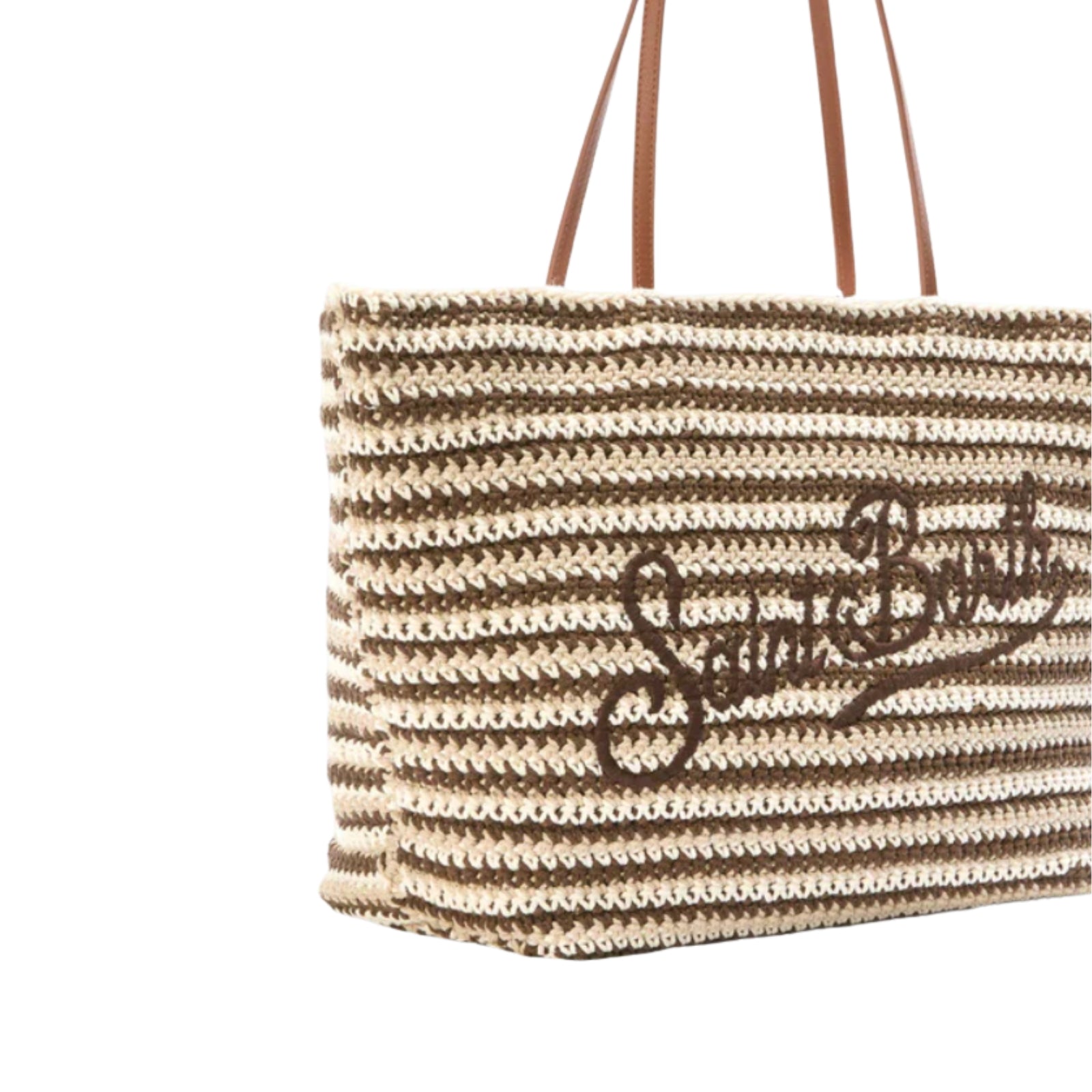 Borsa Tote Crochet a righe beige e marroni con logo ricamato