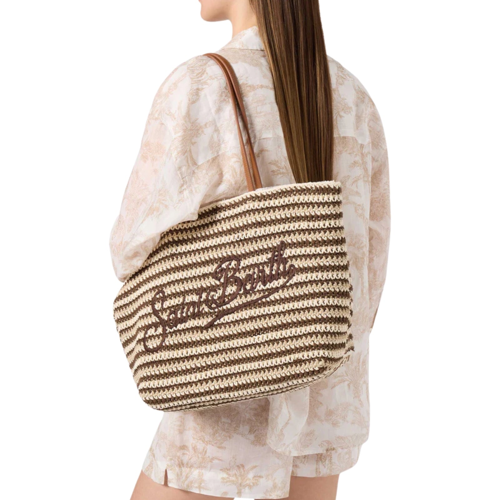 Borsa Tote Crochet a righe beige e marroni con logo ricamato