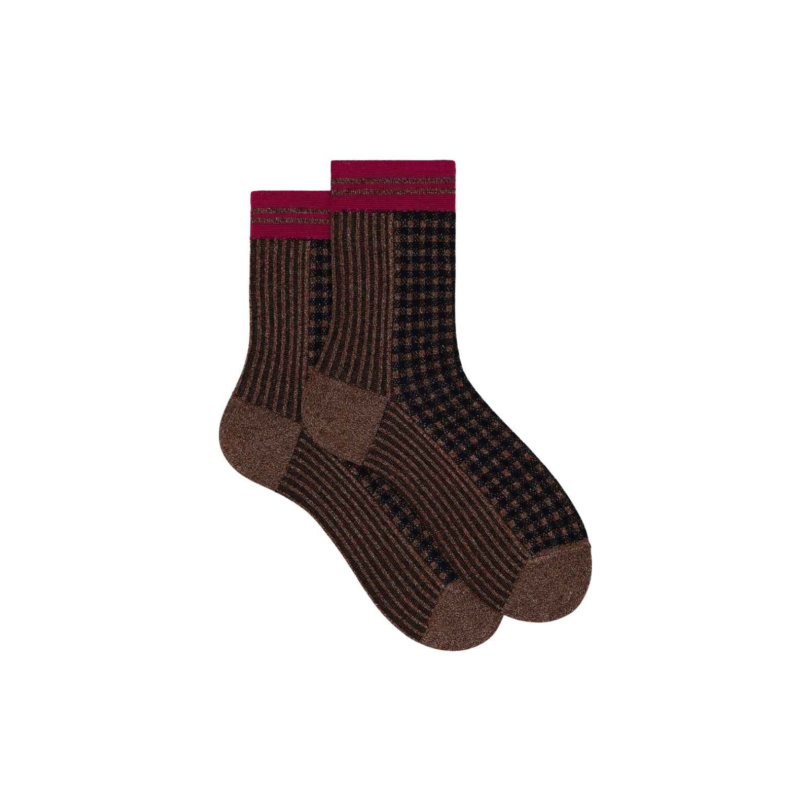 Calze corte donna cotone grigio fantasia twin rib e micro tartan effetto scintillante - OLTREMARE