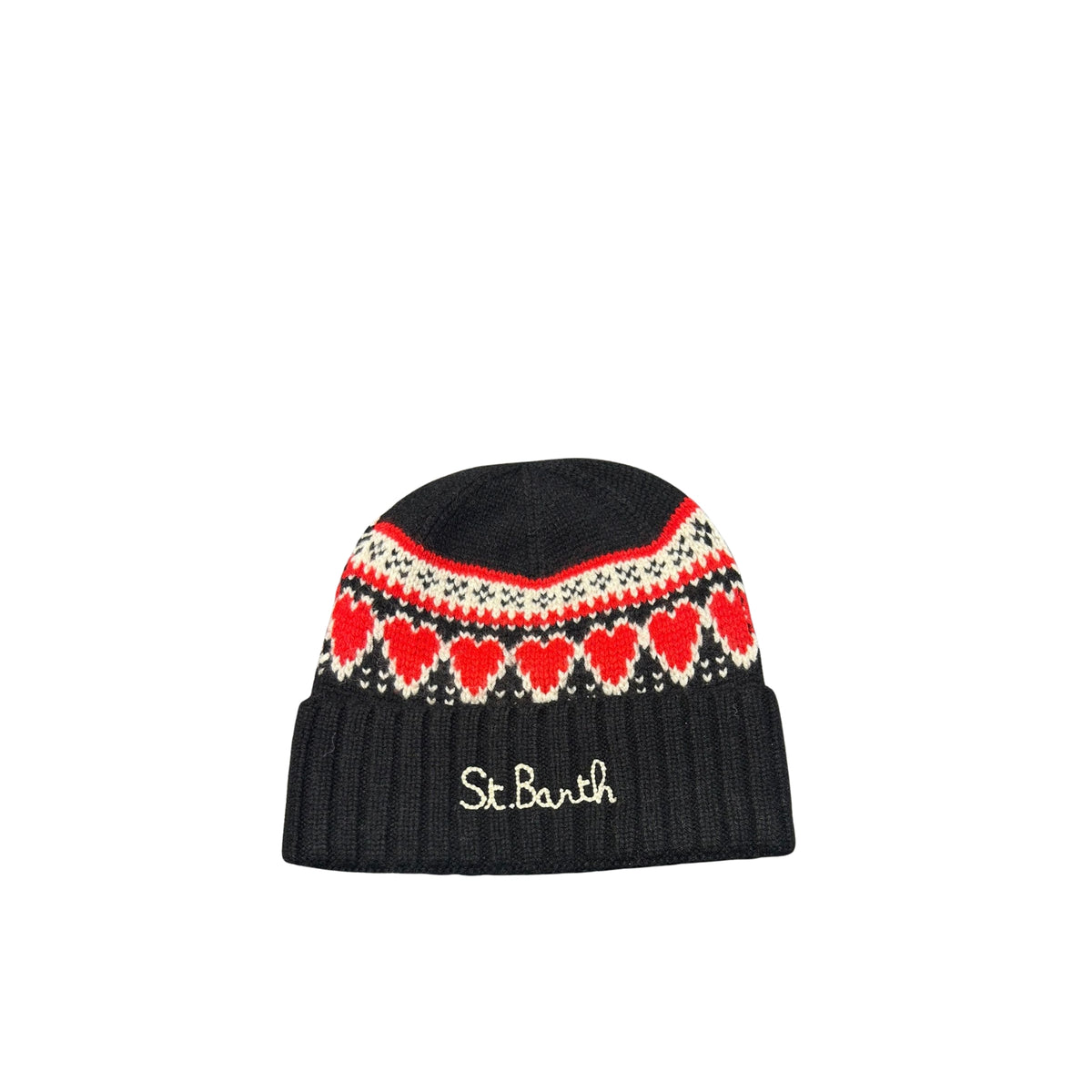Berretto stampa Nordic con cuori - Nero/Panna