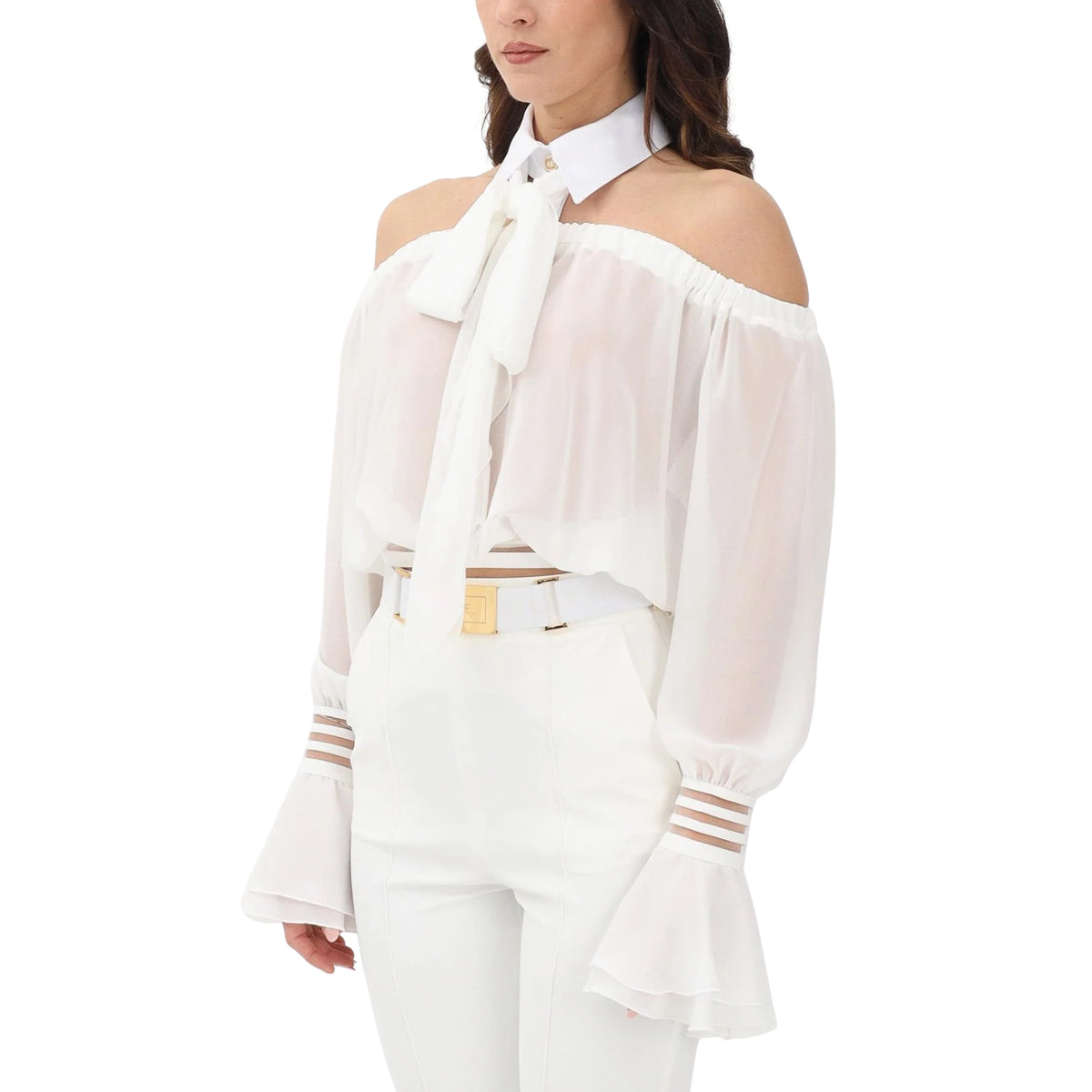 Blusa con scollo off-shoulder e colletto gioiello - Avorio