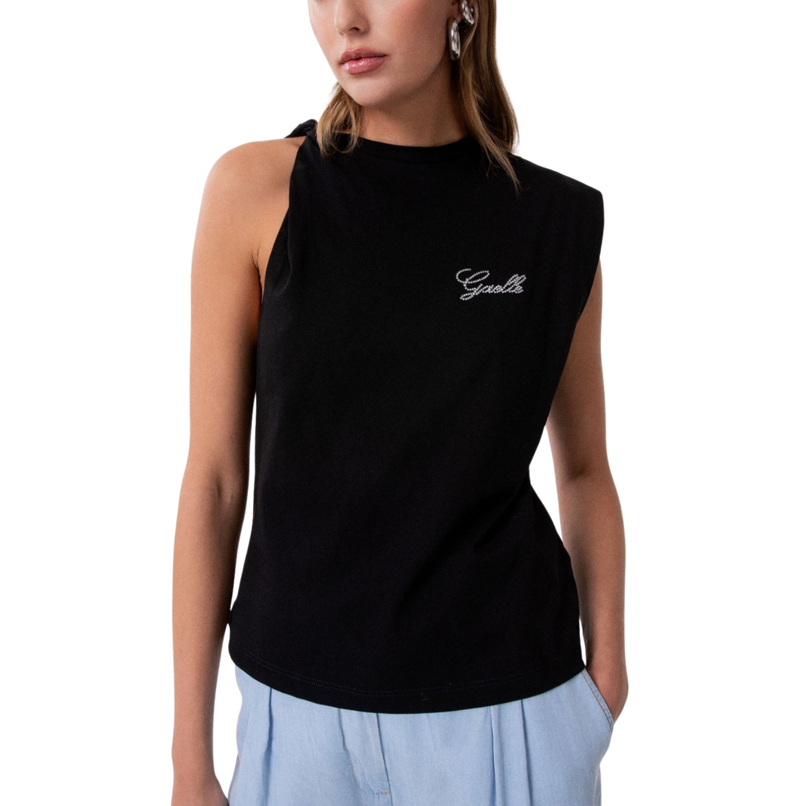 T-Shirt Smanicata E Logo Strass