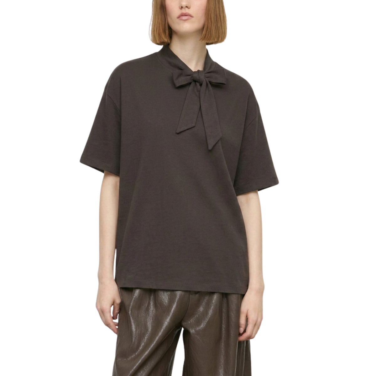 T-shirt over con collo a fiocco - Moro