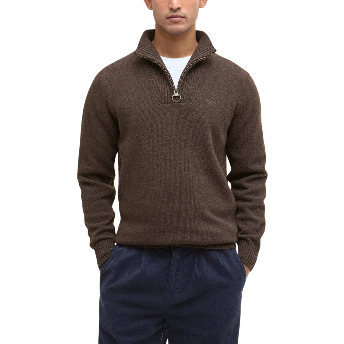 Maglione con mezza zip in lana d'agnello Essential-DARK OAK