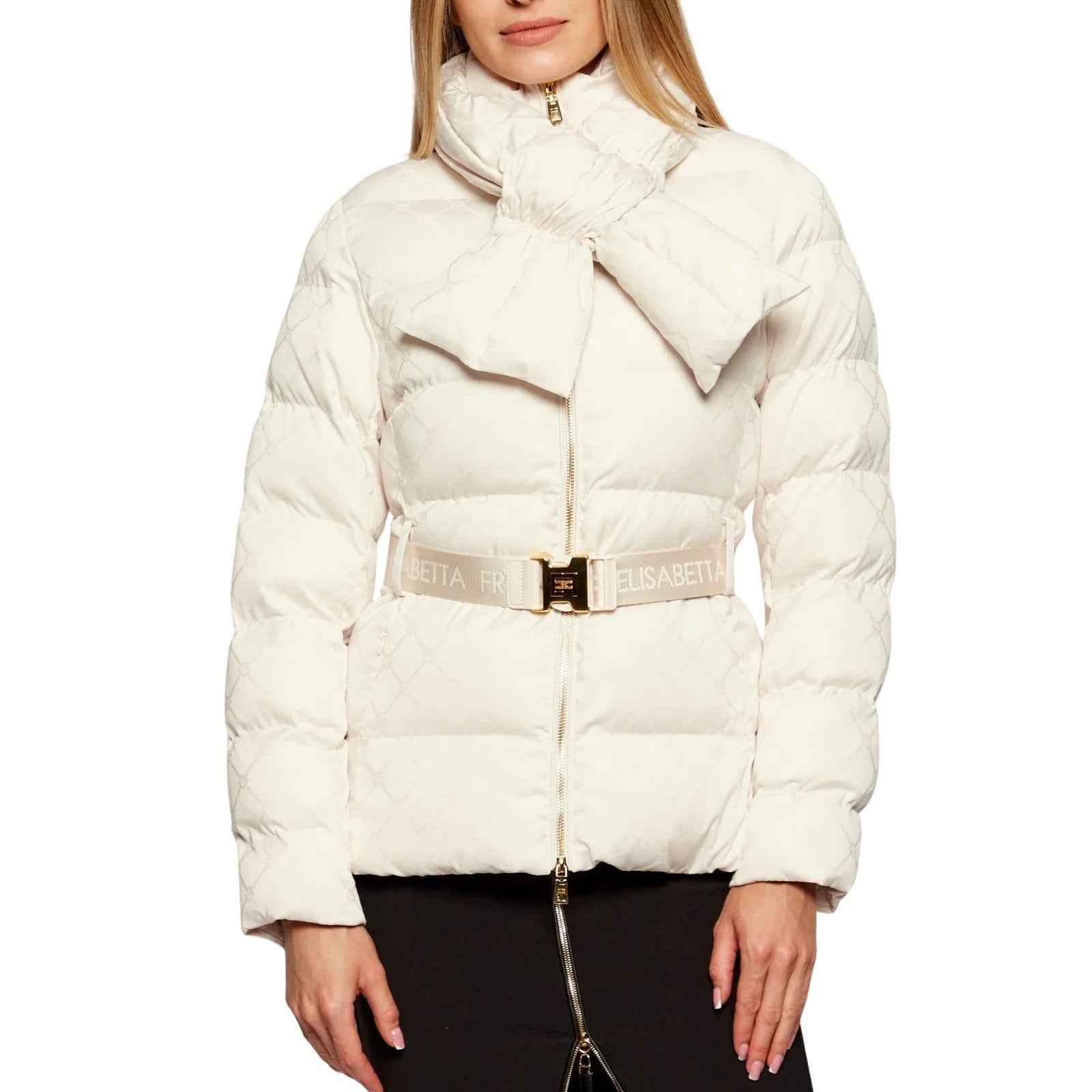 Piumino in tessuto vela jacquard con cintura - LATTE