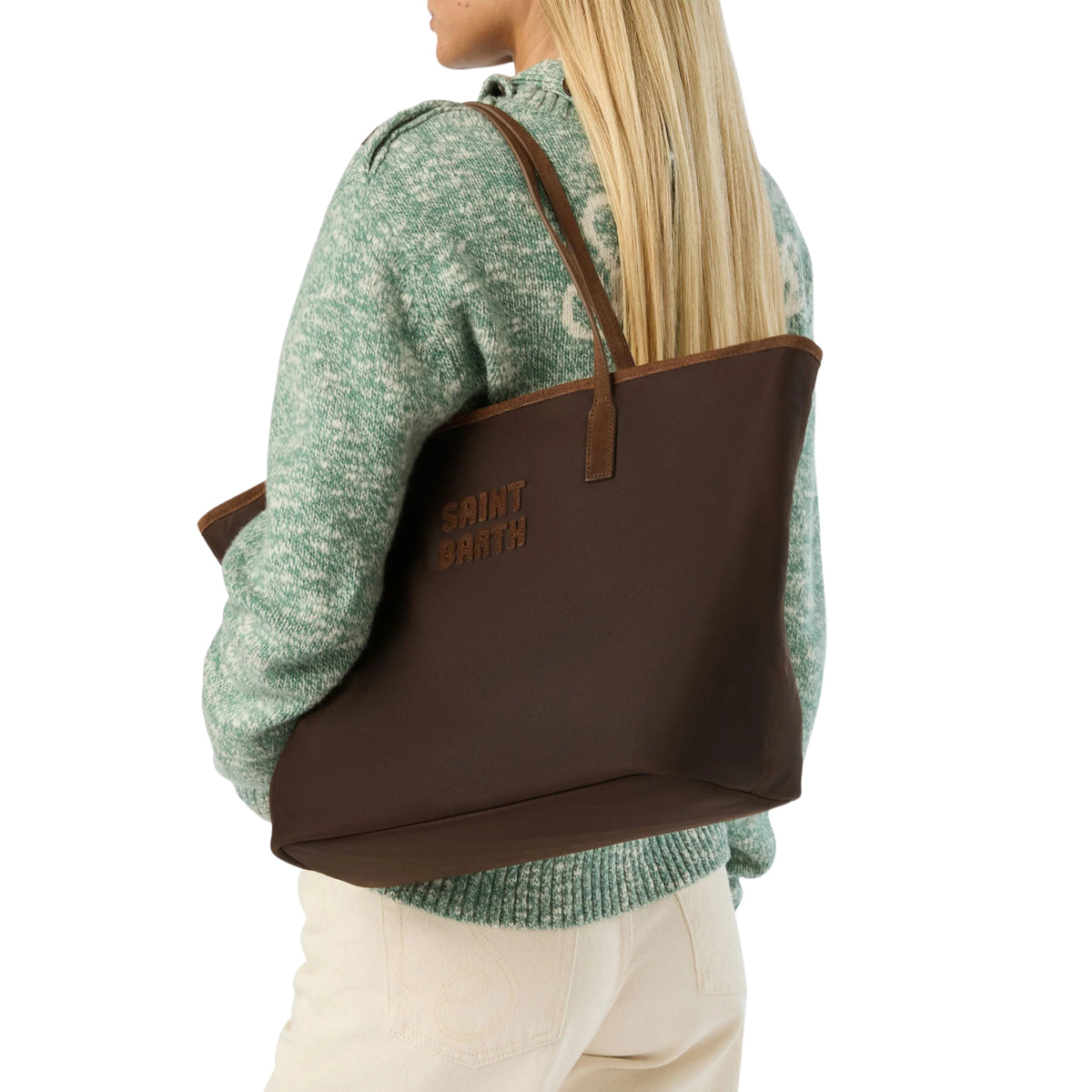 Borsa Large City in tessuto cerato con ricamo logo - MARRONE