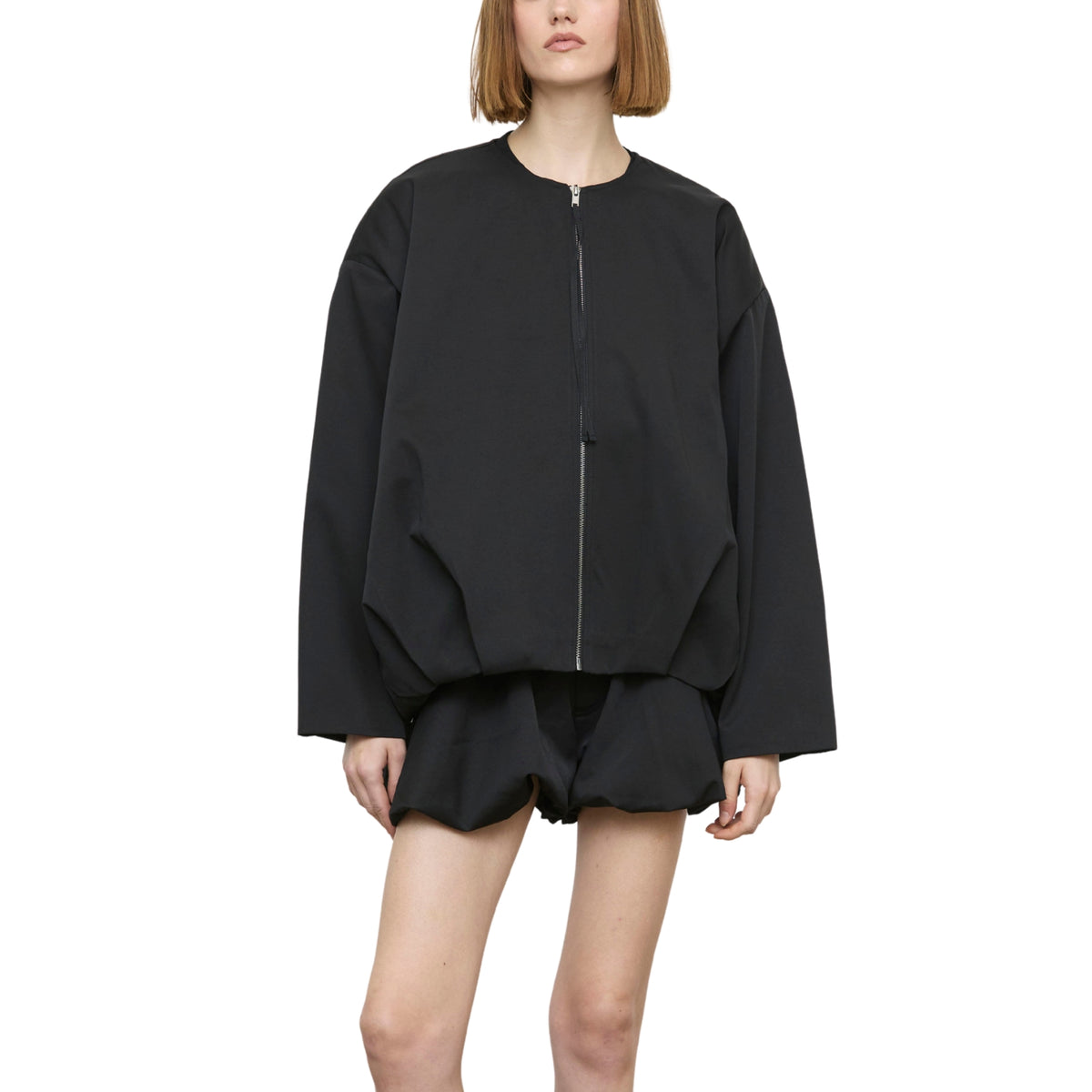 Giacchetto zip oversize con scollo rotondo - Nero