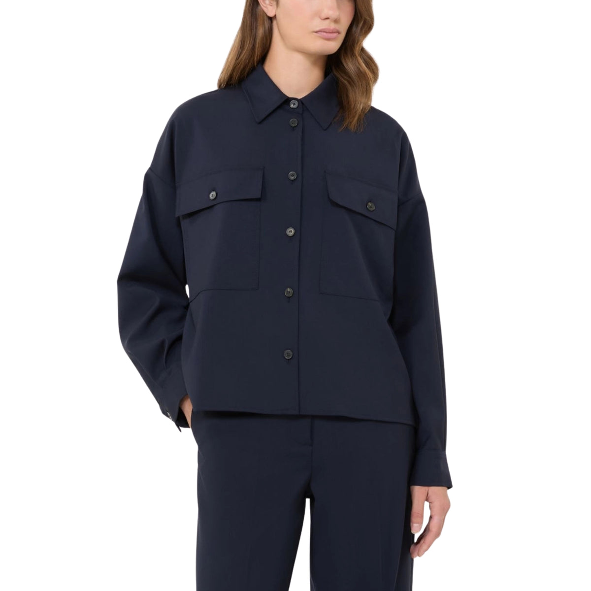 Giacca a camicia cropped in lana natural stretch - Blu