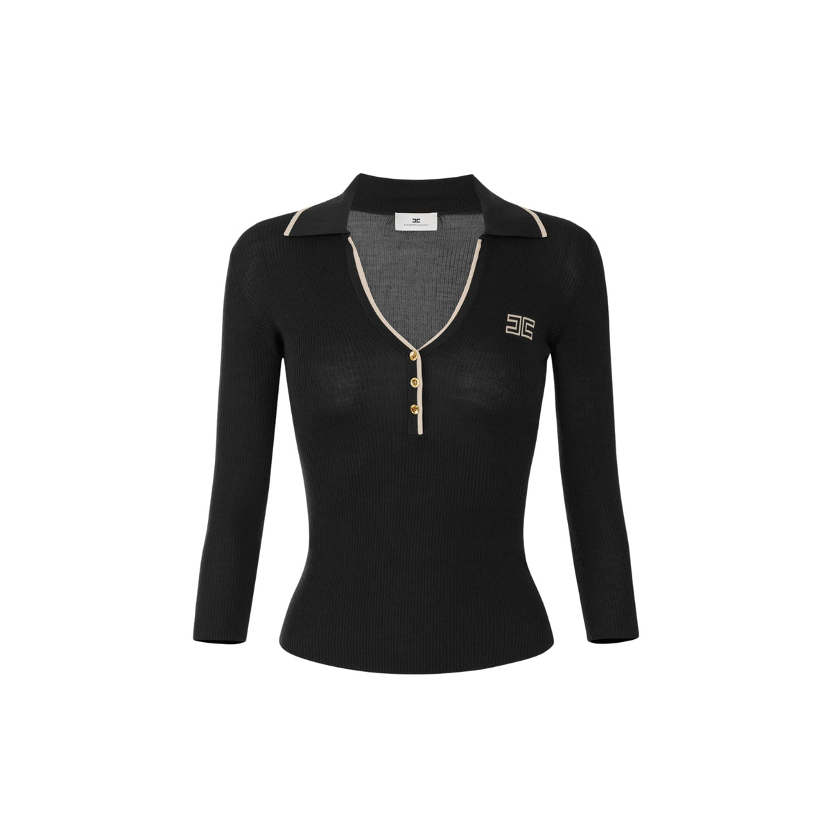 Polo a costine con logo laterale intarsiato - Nero/Burro
