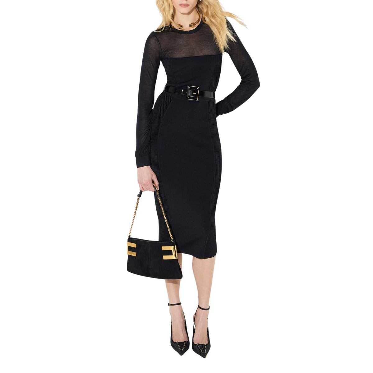 Abito midi in maglia con maniche lunghe e girocollo - Nero