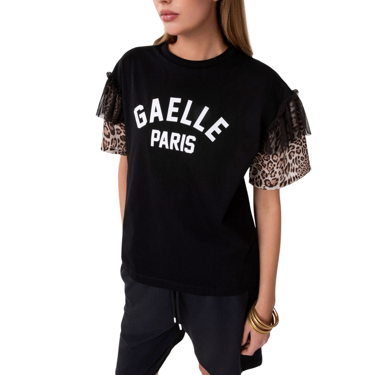 T-shirt paricollo con dettaglio manica in raso - Nero