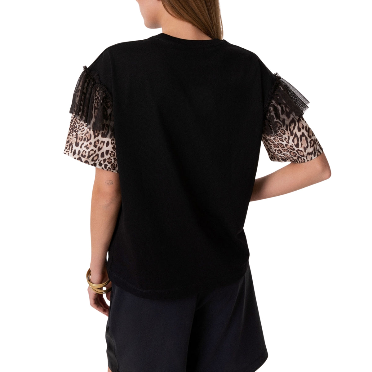 T-shirt paricollo con dettaglio manica in raso - Nero