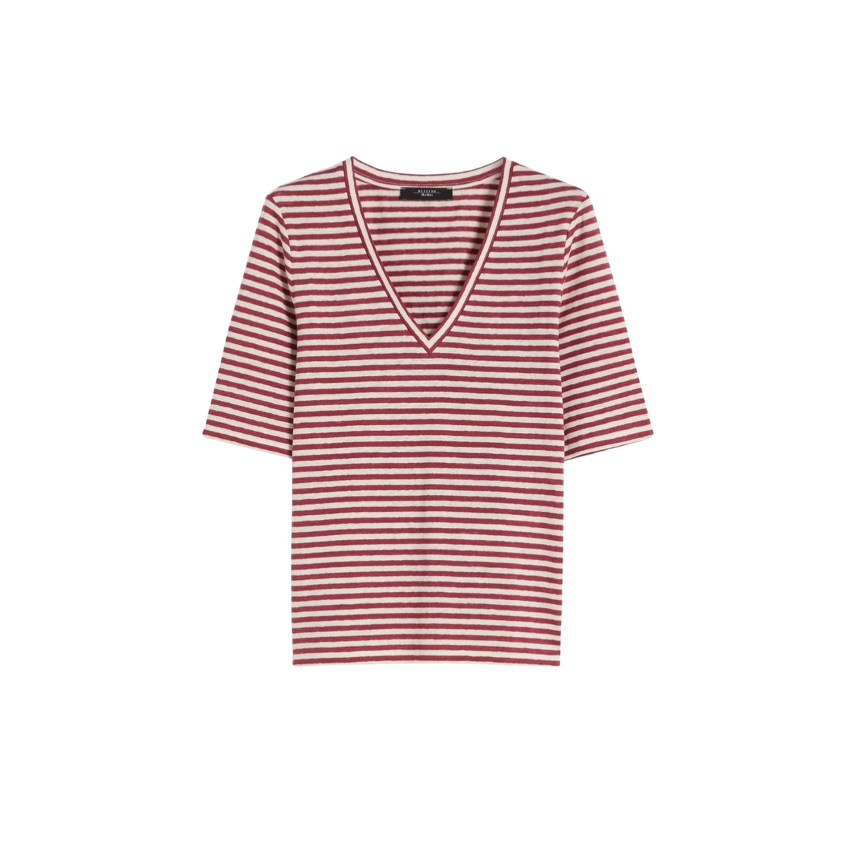 T-shirt scollo a V in lino con logo farfalla - Bordeau