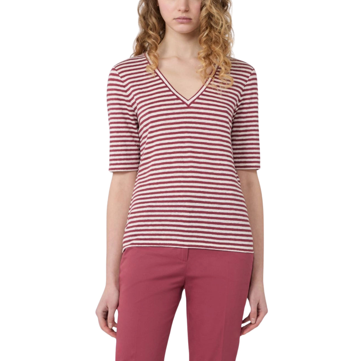 T-shirt scollo a V in lino con logo farfalla - Bordeau