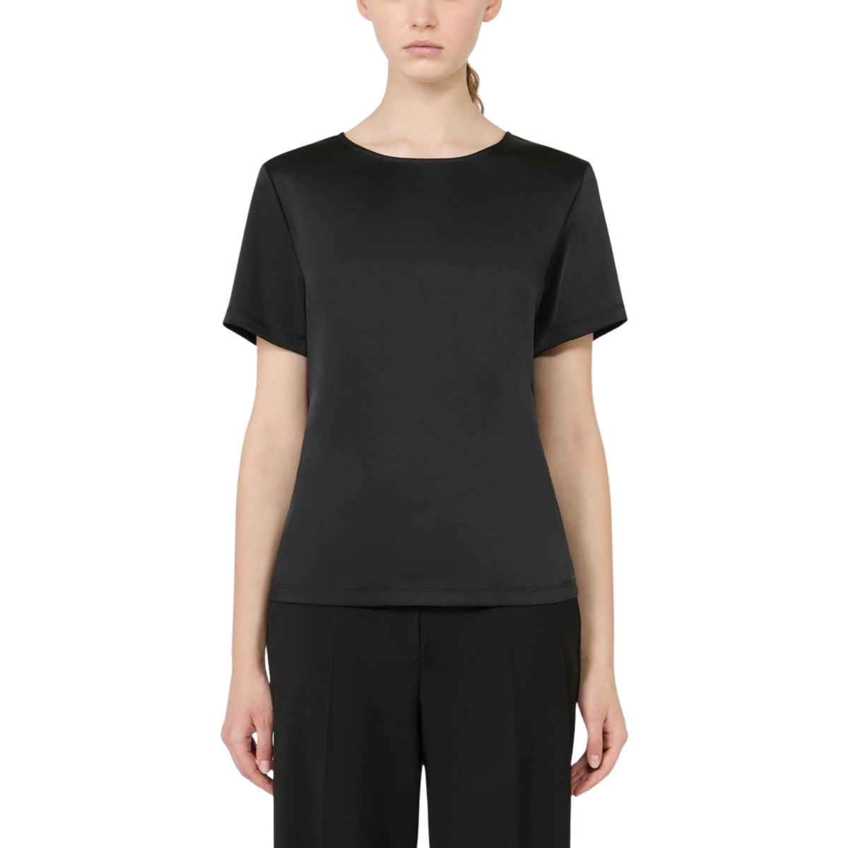 T-shirt girocollo in raso con chiusura a goccia - Nero