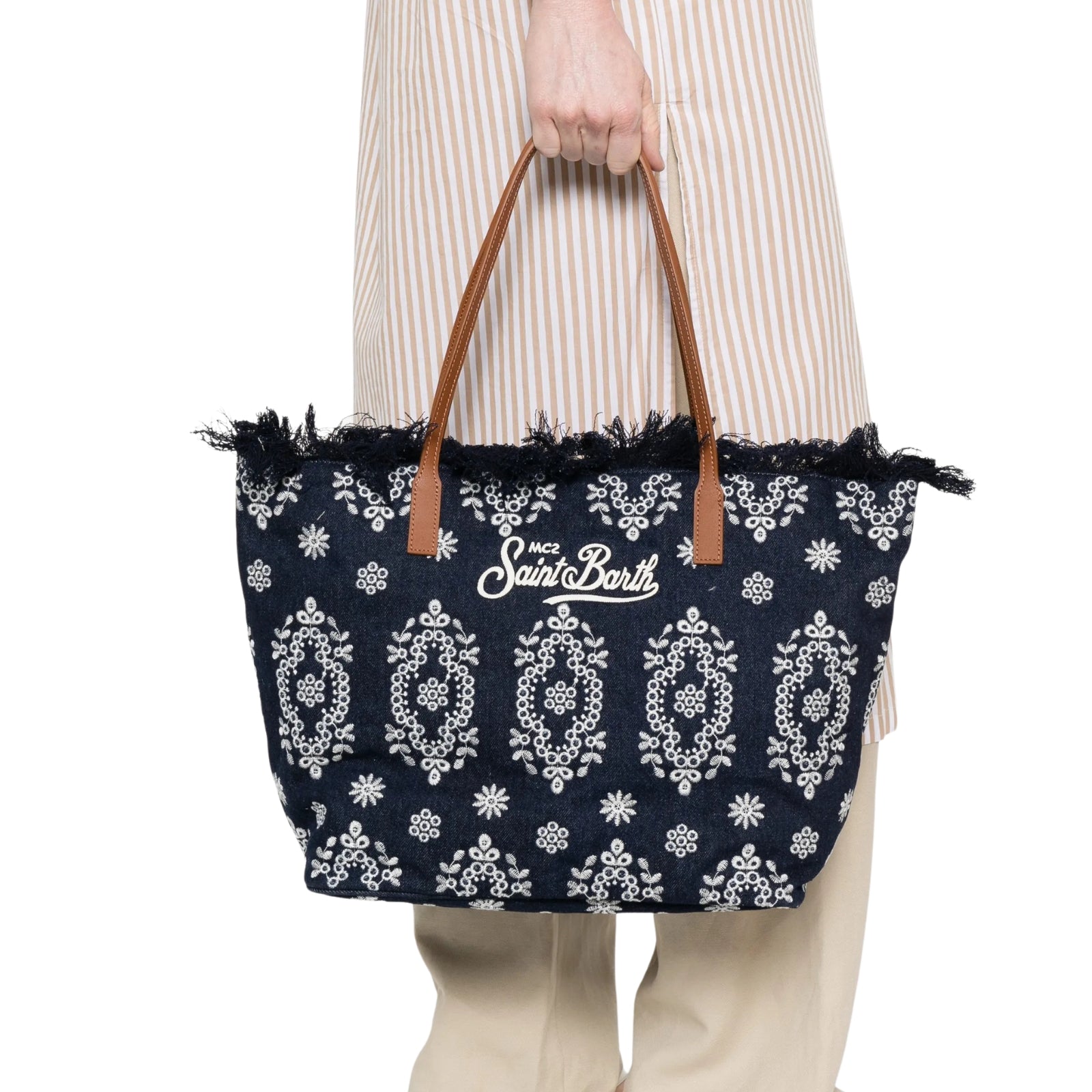 Borsa City regular in canvas con frange - DENIM SCURO